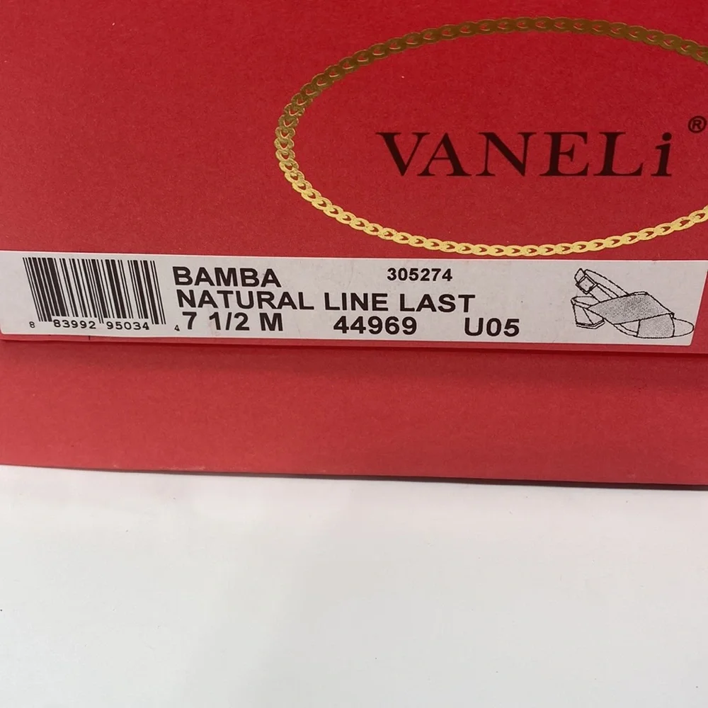 VANELI Bamba Natural Canvas Animal Print Detail Gold Trim Heel Size 7.5 Med NEW - Picture 14 of 16
